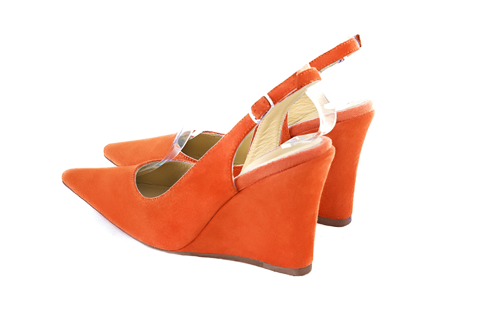 Clementine orange women's slingback shoes. Pointed toe. Very high wedge heels. Rear view - Florence KOOIJMAN